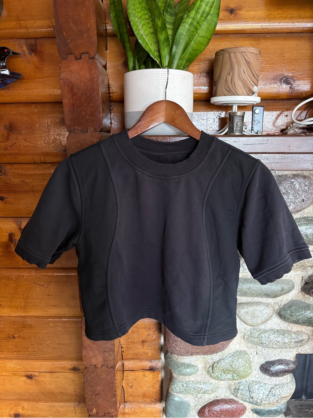 Lululemon Black Cropped Short Sleeve Mixed Fabric Athletic Sweatshirt Top